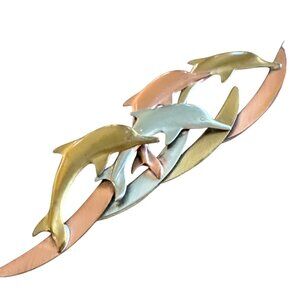 Vintage Dolphin Mid-Century Modern Bronze Silver Gold Tone Brooch Pin